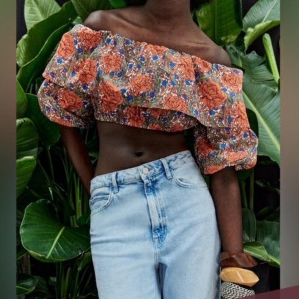 Zara Off The Shoulder Multicolor Floral Crop Top